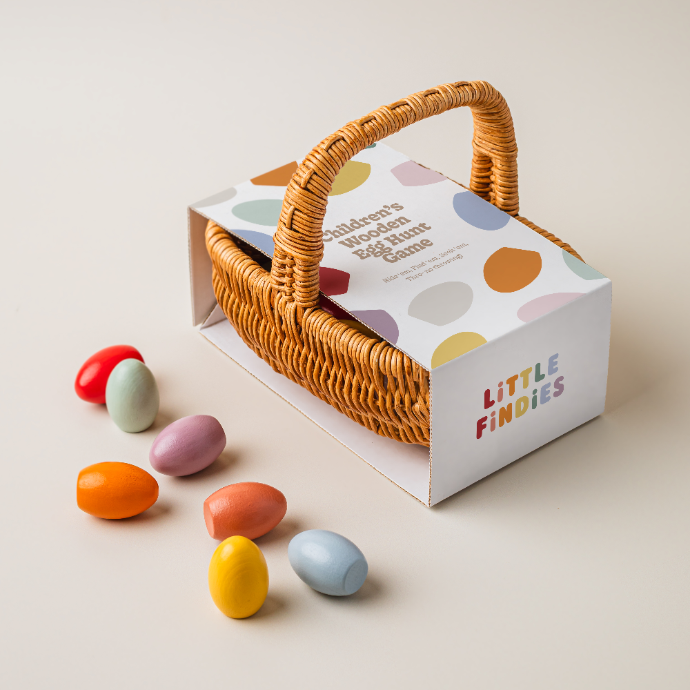 Rattan Basket & 20 Wooden Toy Eggs