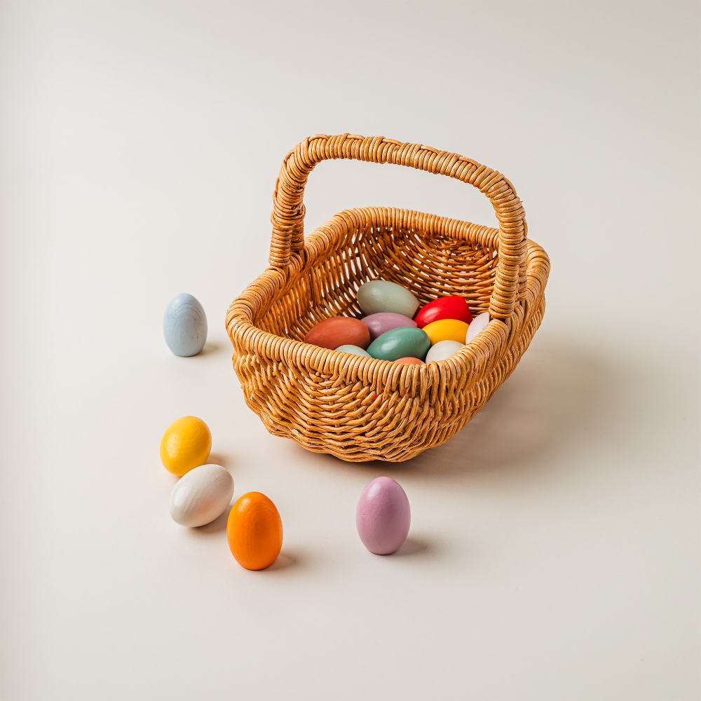Rattan Basket & 20 Wooden Toy Eggs