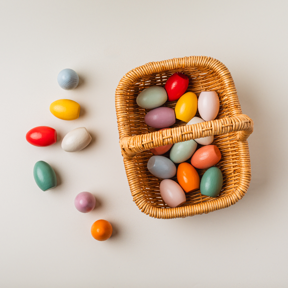 Rattan Basket & 20 Wooden Toy Eggs